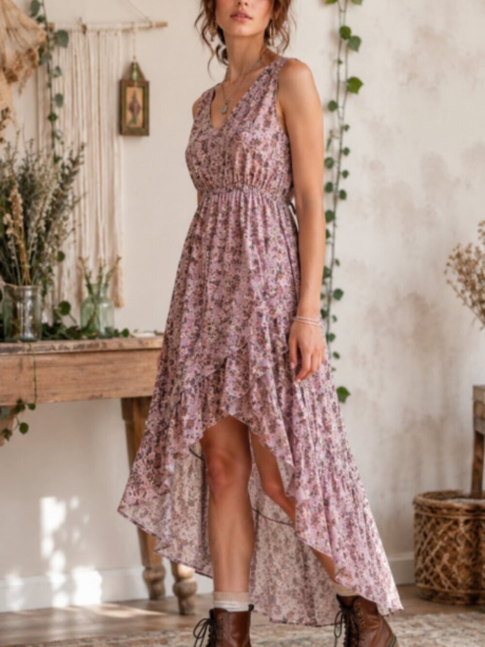 Floral Fairycore Hi Lo Dress Layered Hem Boho Cottagecore S